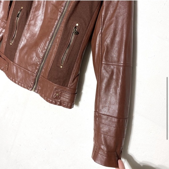 Simons Twik Brown Faux Leather Full Zip Jacket W Faux Fur Trim S - Picture 6 of 15